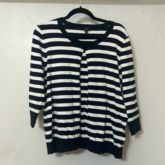 TALBOTS Striped Pima Cotton Charming Cardigan 3/4 Sleeve NWT Navy/White 1X $89 - Picture 1 of 4